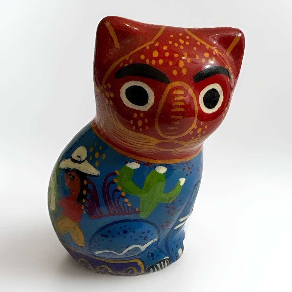 Hand-Painted Folk Art Owl Terracotta Figurine Decorative Sculpture 3.5"